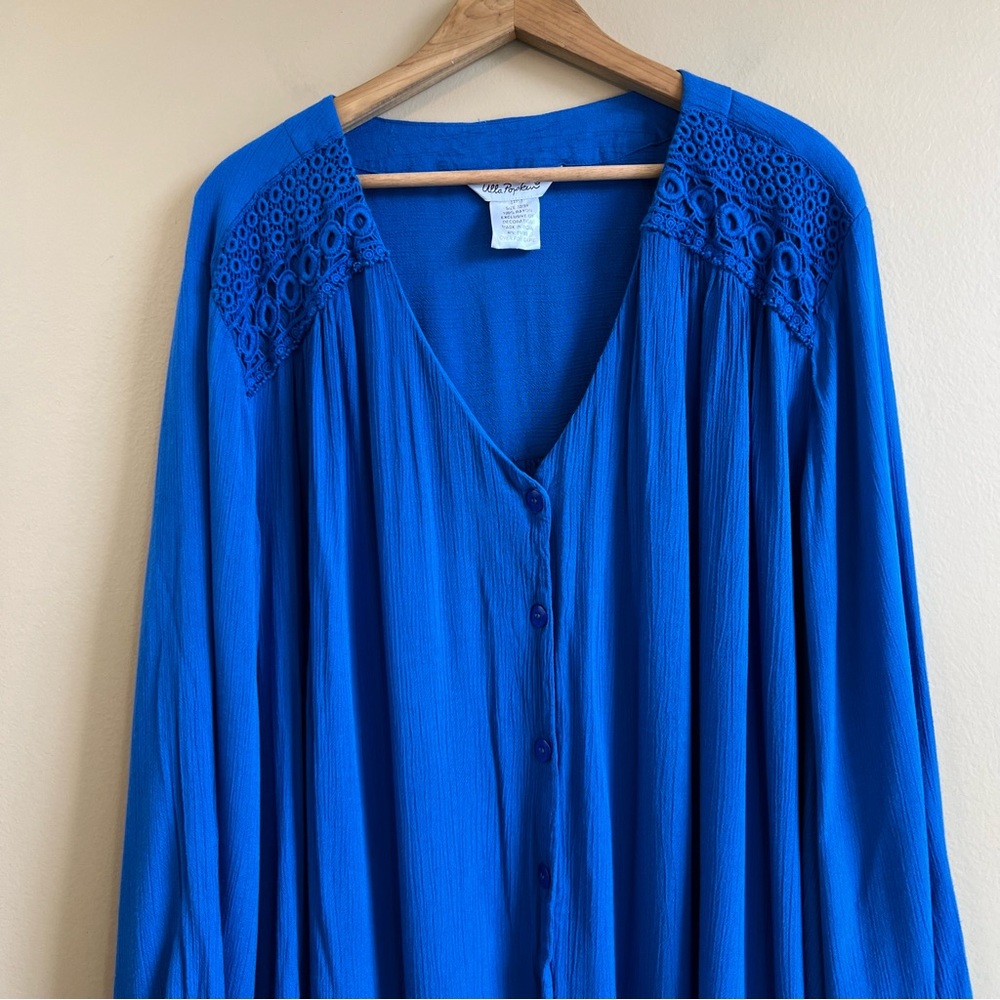 ULLA POPKEN Womens blue Button Peasant Top Size 32/34 Long Sleeve V-neck crochet - Picture 2 of 6